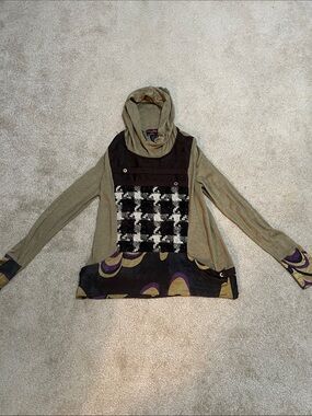 Custo Line Tan Cowl Neck Top with Black, White & Purple Panels
